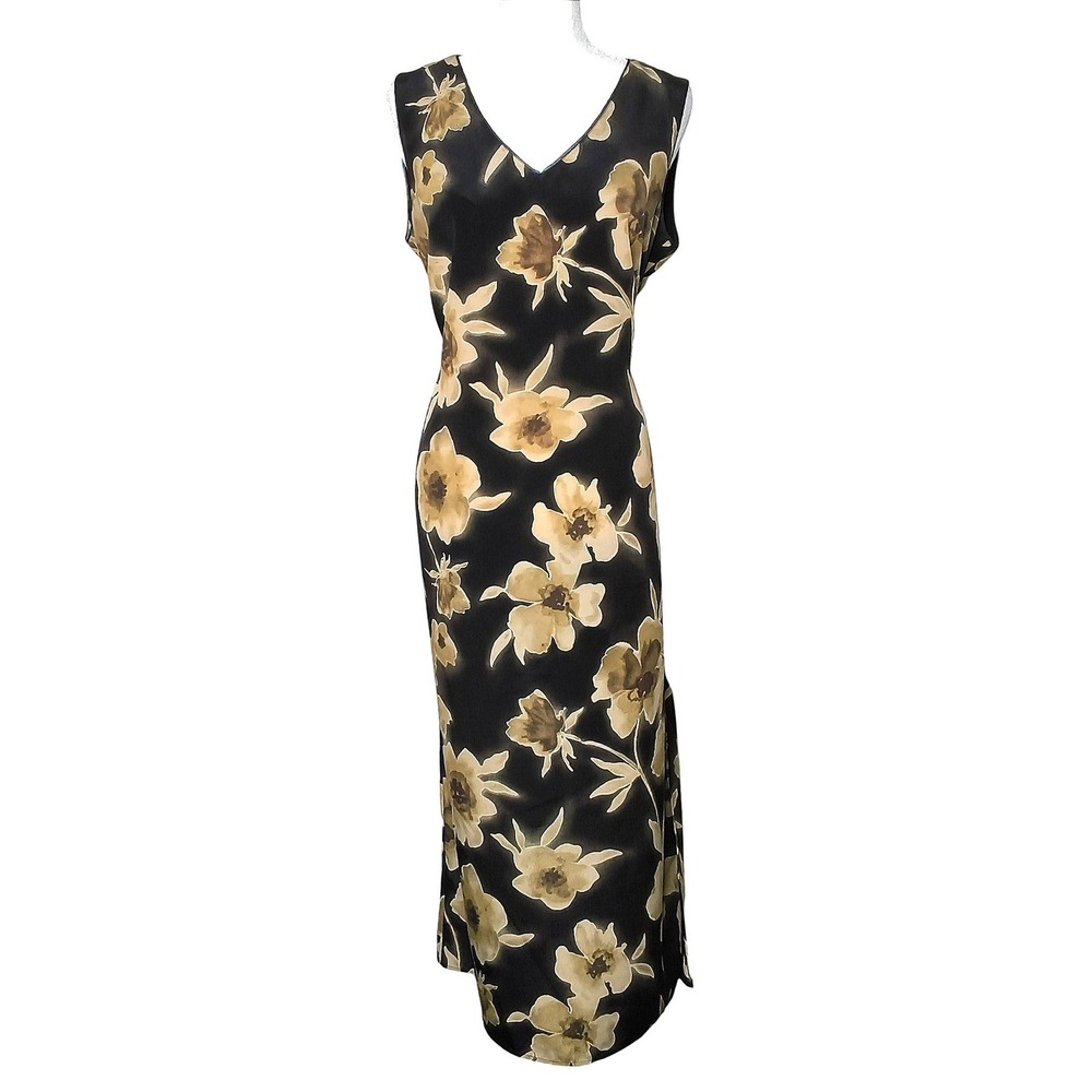 Vintage Norton McNaughton Floral Maxi Dress Womens Large Black Tan Sleeveless
